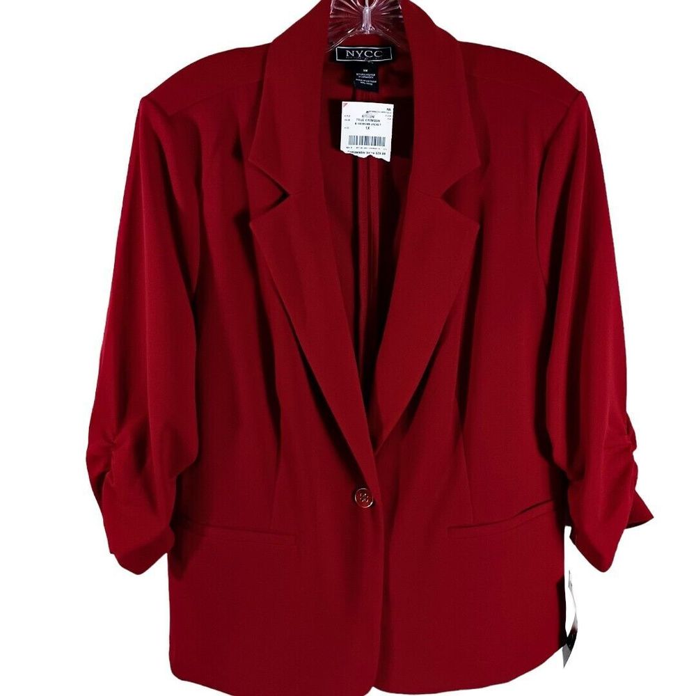 NYCC Red Blazer Women's 1X Rouched Sleeves Faux Pockets Button Closure NWT